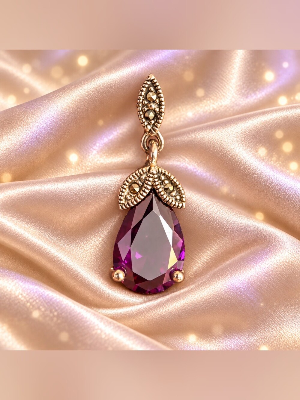 925 Sterling Silver Purple  Amethyst Teardrop Crystal Pendant